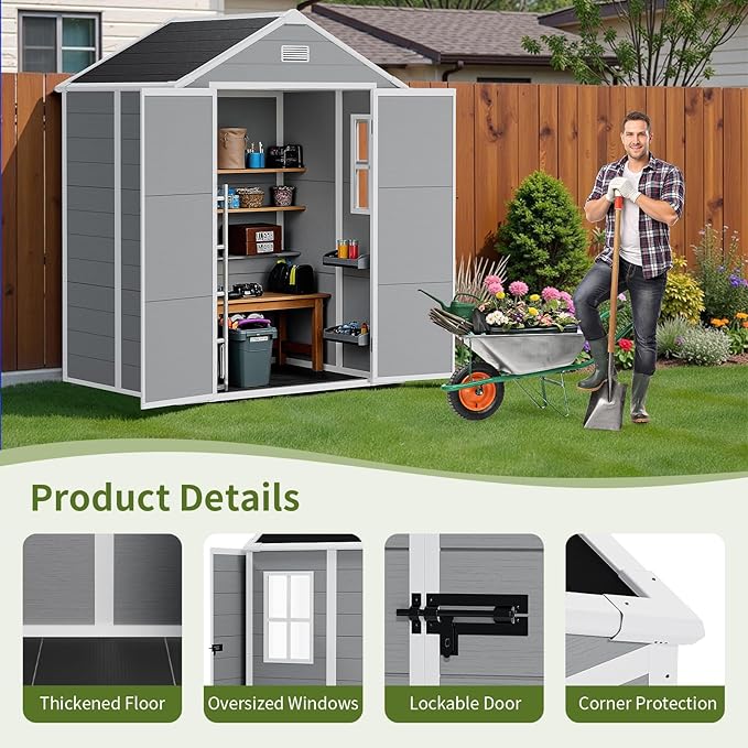 6×5 Light Grey Resin Outdoor Storage Shed with Floor Included & Window – All-Weather Lockable PP Plastic Garden Shed for Garden, Patio, Backyard | Stores Lawn Mowers, Bikes & Tools