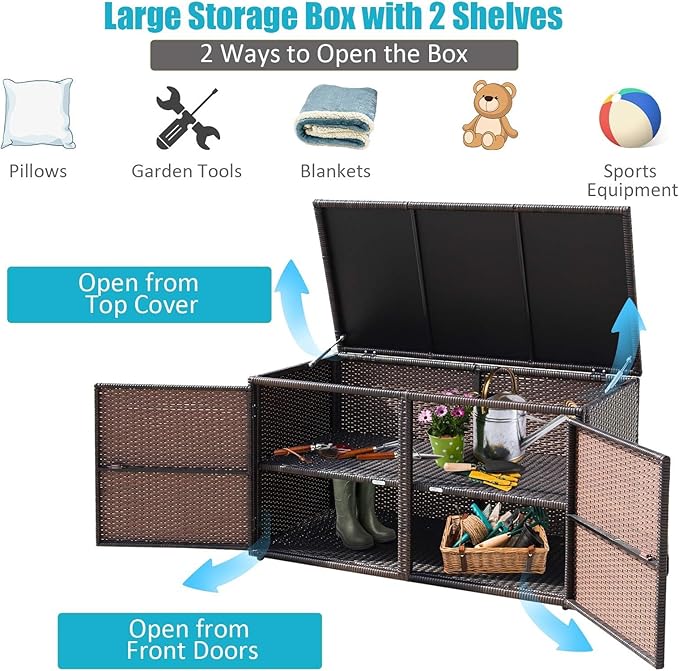 HAPPYGRILL Deck Box Outdoor Wicker Storage Box Cabinet, 88 Gallon Patio Rattan Storage Container Bin Box for Furniture Tools in Garden Balcony Porch Yard