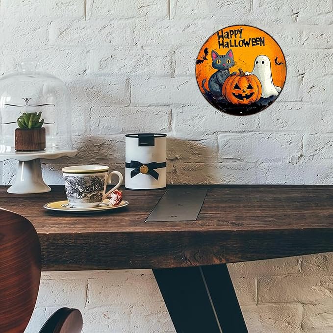 PEACHGARDEN Round Halloween Black Cat Vintage Sign Happy Halloween Pumpkin Metal Tin Sign for Home Bar Kitchen Hotel Dining Room Coffee 8x8inch