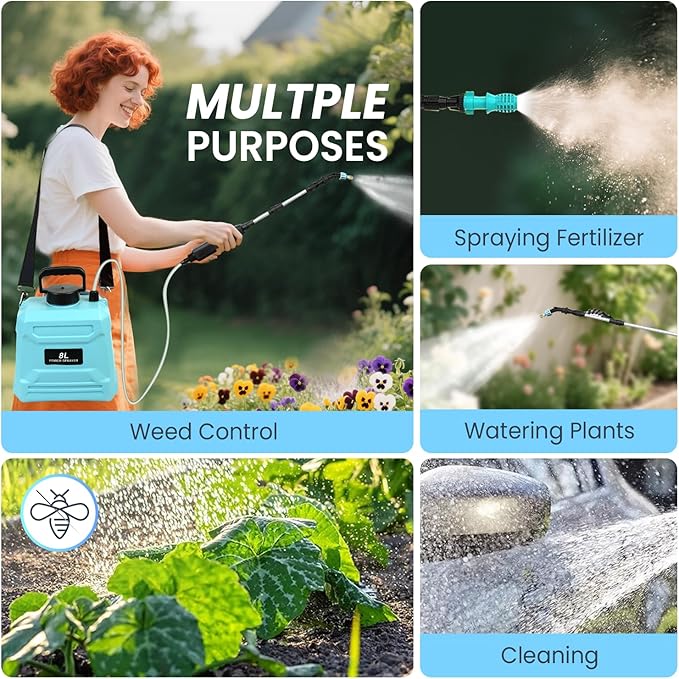 Battery Powered Sprayer 2 Gallon, Electric Garden Backpack Sprayer with 5 Mist Nozzles, Rechargeable Handle, Retractable Wand, Weed Yard Lawn Sprayer for Lawn, Garden Cleaning