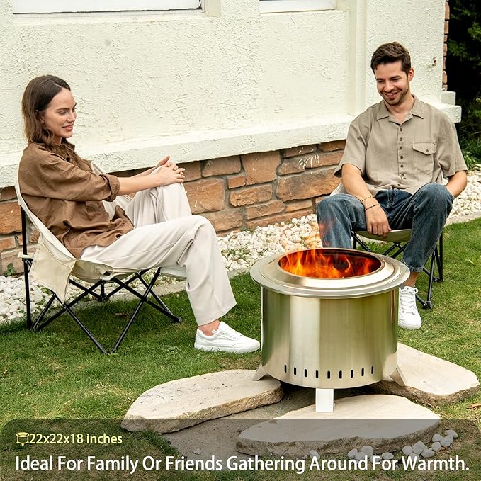 Smokeless Fire Pit,22 Inch Stainless Steel Firepit, Outdoor Wood Burning Fire Pit with Cover,Smokeless Firepits for Outside Backyard Patio Garden Camping Bonfire（Silver）