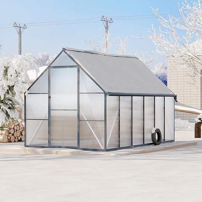 Aluminum Polycarbonate Greenhouse for Outdoors, Large Walk-InGreenhouse with Quick Setup Structure and Roof Vent, Greenhouse with Ventilation and Rain Gutter