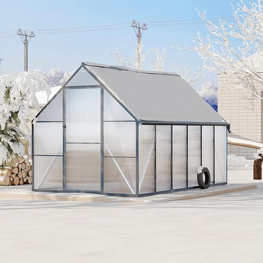 Aluminum Polycarbonate Greenhouse for Outdoors, Large Walk-InGreenhouse with Quick Setup Structure and Roof Vent, Greenhouse with Ventilation and Rain Gutter