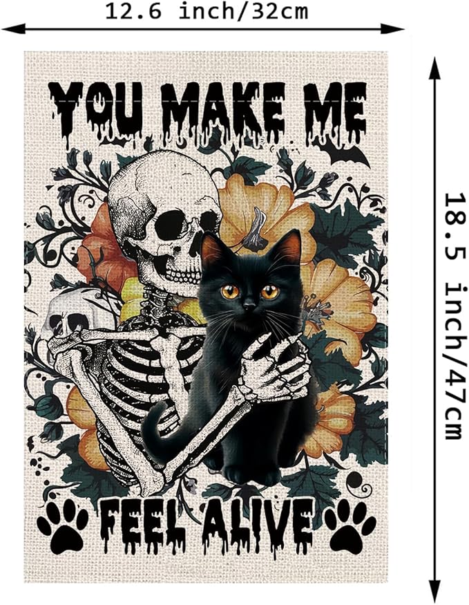 Halloween Garden Flag Skeleton and His Black Cat Vertical Double Sided Flags for Holiday Farmhouse Patio Yard Outdoor Party Decor Decorations Gifts - 12.5 x 18 Inch