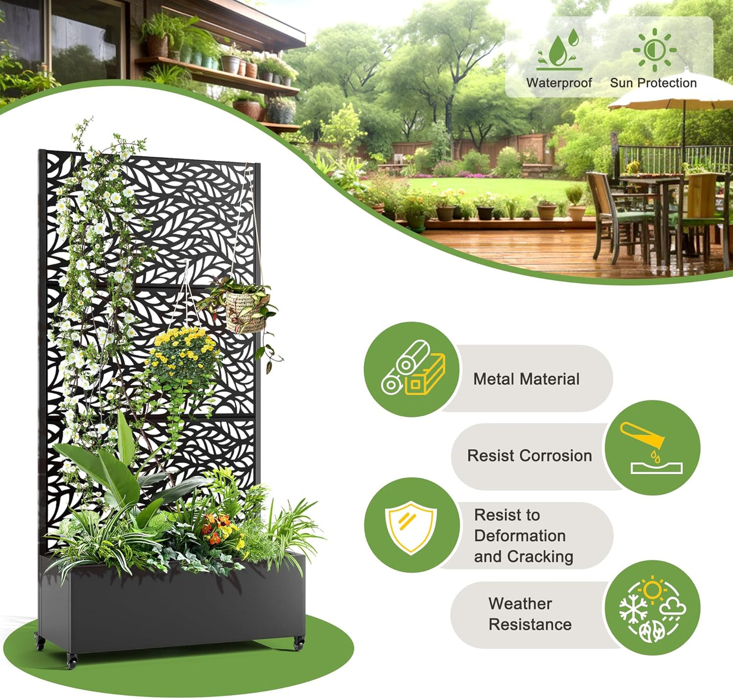 FENCY Metal Raised Garden Bed with Wheels and Trellis,73"x35"x16" Planter Box for Climbing Plants, Vegetables & Vines, Features Privacy Screen and Drainage Holes (Black-Leaf)