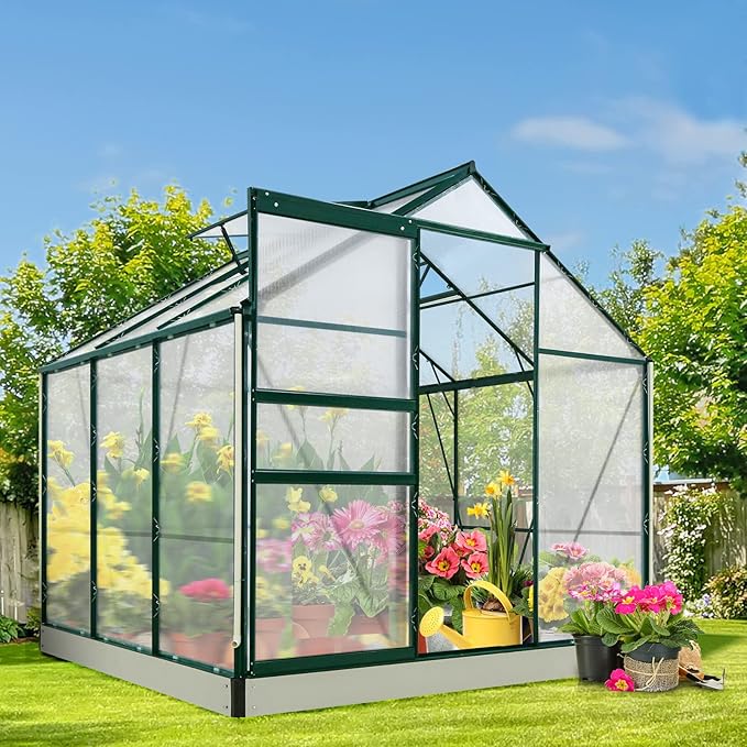 EAGLE PEAK 6x6x7 Outdoor Walk-in Hobby Greenhouse with Adjustable Roof Vent, Rain Gutter, Base and Anchor, Polycarbonate Aluminum Green House for Backyard Garden, Dark Green