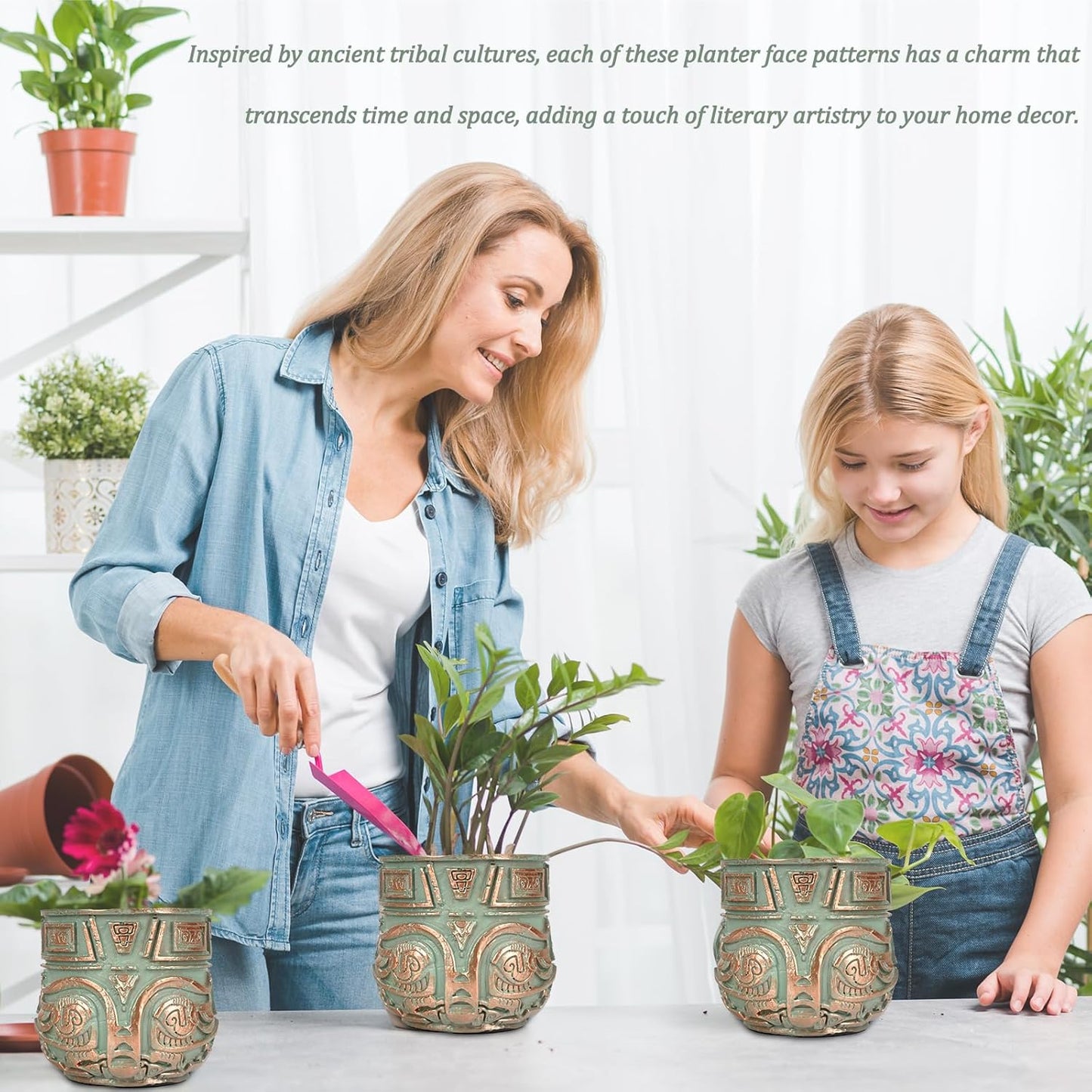 Tribal Vintage Face Planter,Lightweight Unique Plant Pots with Drainage,Eclectic Small Succulent Flower Planters Pots for Outdoor&Indoor Plants,Funny Garden Pot for Room Decor(5.5in,Green)