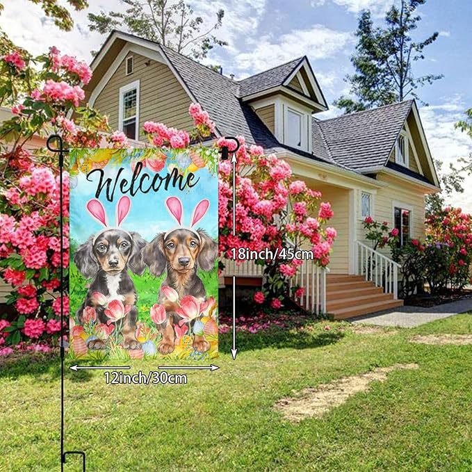 Dachshund Dog Bunny Cute Flower Happy Easter Garden Flag Welcome Party Outdoor Outside Decorations Picks Home House Garden Yard Decor 12x18 Inch