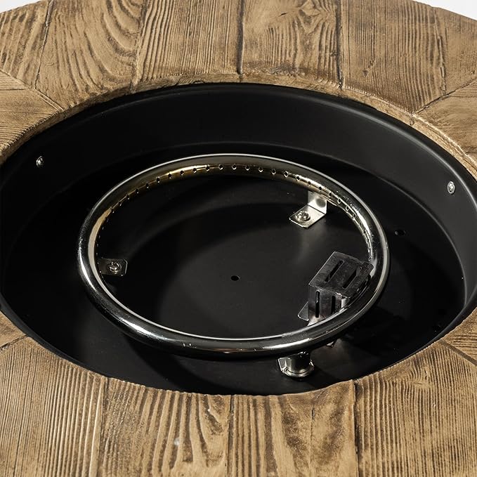 30'' Concrete Round Gas Fire Pit, 50,000 BTU Steel Outdoor Fire Tables, Fire Table with Lid, Add Warmth & Ambience to Gatherings and Parties On Patio Deck Garden Backyard.