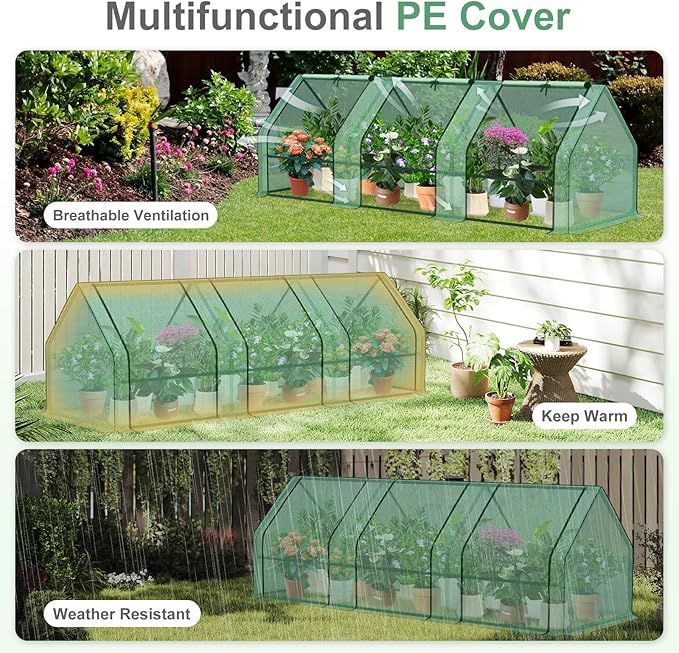 Aoodor 9 x 3 x 3 ft Mini Greenhouse with 3 Zipper Doors, Water-Resistant, UV-Protected for Flowers, Vegetables, and Herbs, Green