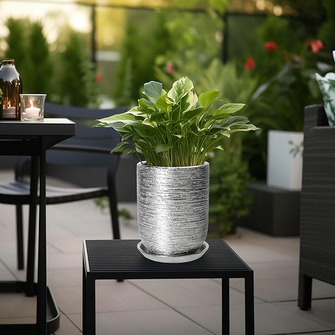 Ceramic Flower Pot for Plants - 8 Inch Plant Pot Indoor with Drainage Hole and Saucer, Cylinder Modern Outdoor Round Planter, Gardening Gifts for Women Men, Garden Office Decor, Silver