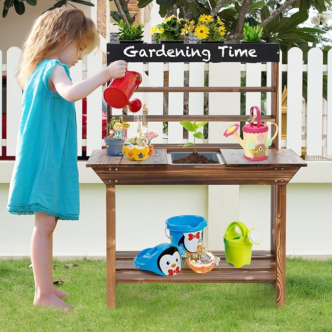 HONEY JOY Mud Kitchen, Fir Wood Kids Potting Bench Table, Removable Sink, 4 Planting Cups, Chalkboard, Outdoor Play Kitchen for Toddlers, Garden Time Mud Kitchen for Kids Outdoor Backyard