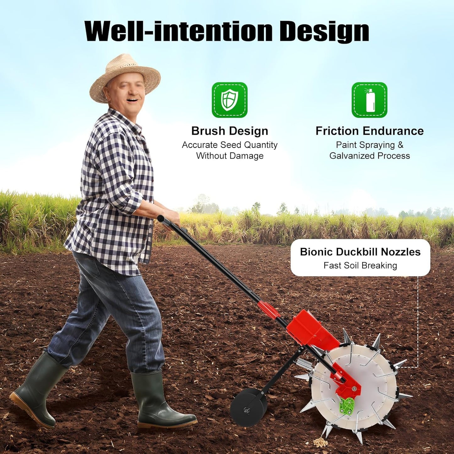 Hand-Push Roller Seeder, Manual Seeder Planter, Single-Port Garden Seeder for Soy Peanut Corn Cotton Soybean, Sowing Depth 1.38-3.07in, Planting Spacing 6.3in, 1-2 Seeds, 10 Nozzles