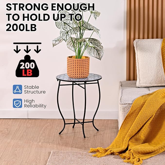 Round Side Table, Indoor Outdoor Small Side Table, Weather Resistant Black Metal Side Table for Livingroom Patio Balcony Yard Porch Garden, 14” Diameter and 17” H Patio Accent Table Plant Stand