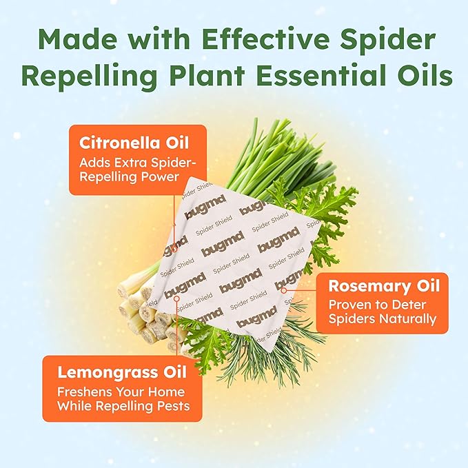 BugMD Spider Shield Repellent Pouches | Plant-Based Indoor & Outdoor Spider Repellent | Safe for Pets & Family | Natural Citronella, Rosemary & Lemongrass Oils | Long-Lasting Spider Protection