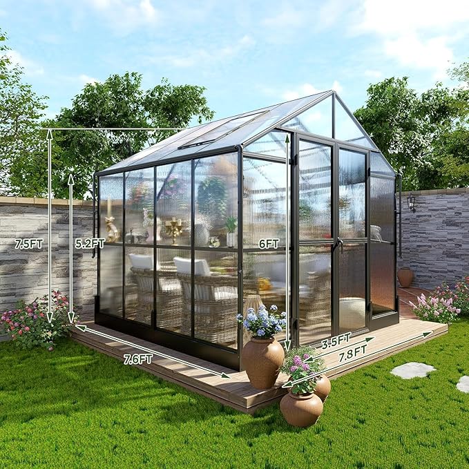 HOWE 8x8x7.5 FT Aluminum Greenhouses for Outdoors,Polycarbonate Greenhouse with 2 Vents Lockable Swing Door Rain Gutter,Walk-in Greenhouse for Backyard Plants, Black