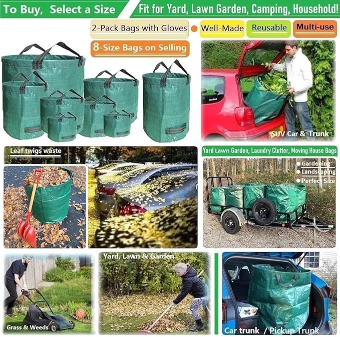 Standard 2-Pack 32 Gallon Yard Garden Bags (D18, H30 inch) with Gardening Gloves for Yard Waste,Debris Bags,Recycling Bin,Camping Trash Container,Laundry Bag,Lawn Grass Clippings,Leaf Bag w/ 4 Handles