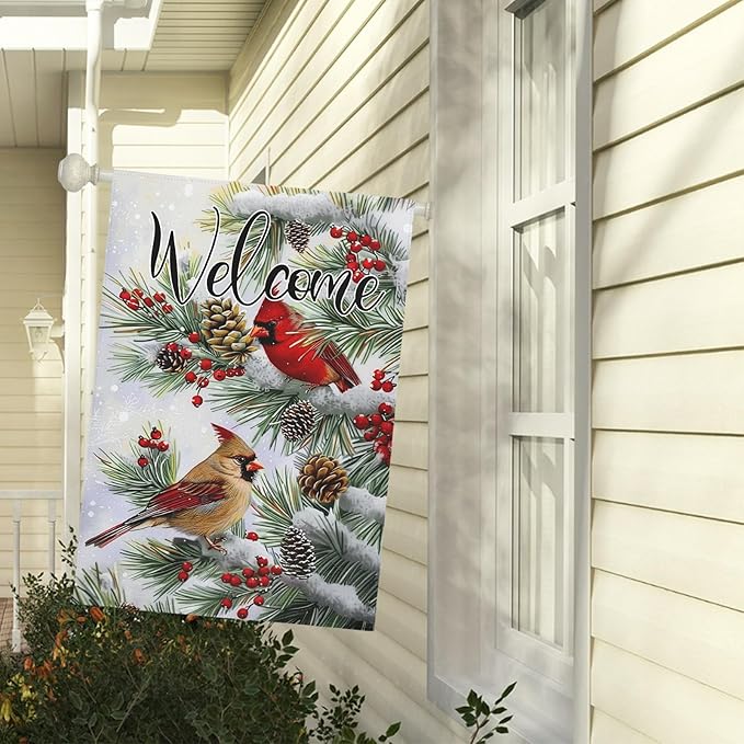 Welcome Winter Garden Flag Christma Cardinal Birds House Banner Red Bird Berry Trees Pine Snow Vertical Yard Flags Pinecone Wall Banners for Xmas Rustic Farmhouse 28 x 40 Inch