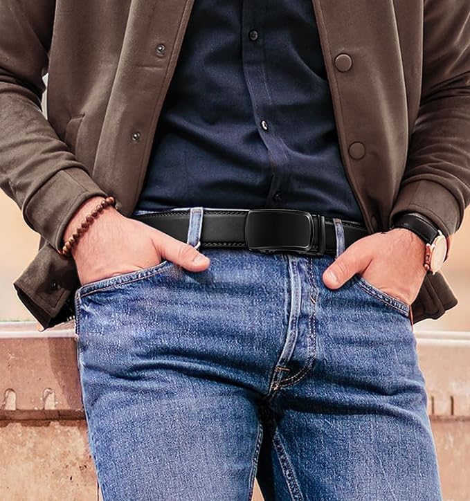 BULLIANT Men's Ratchet Belt 2 Pack-Click Leather Belt Adjustable for Men Gift 1 3/8-Cut for Perfect Fit