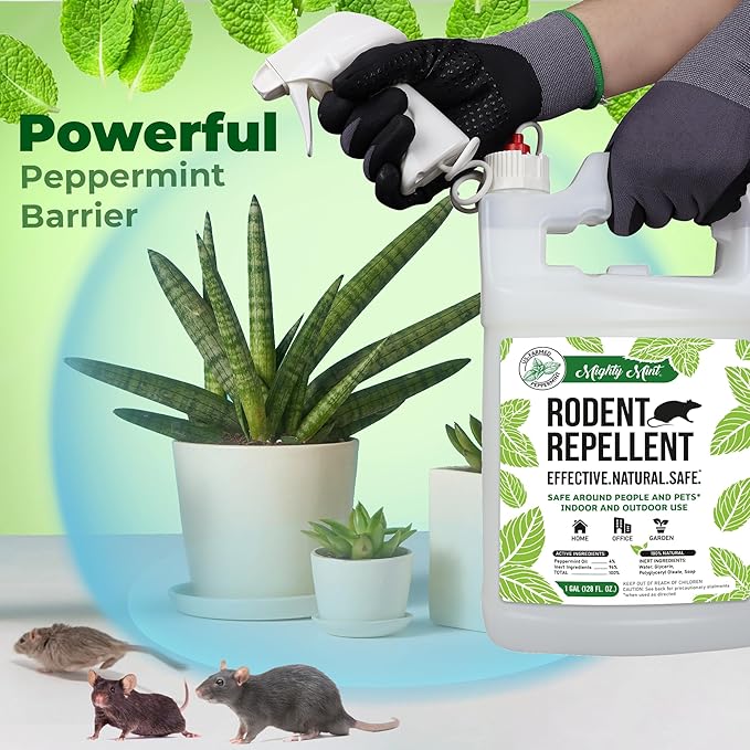 Mighty Mint Peppermint Oil Rodent Repellent Spray with Microfiber Cloth – Natural Indoor & Outdoor Control for Mice and Rats – Plant-Based, Extra-Strong Formula - 1 Gallon (128 oz)