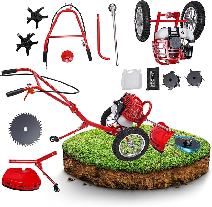 Weed Wacker, 2 Stroke 49 CC Gasoline Weed Eater, 6500-7000R/Min Hand Push Weed Wacker, 0.95L Small Weed Wacker, can Folded Rear Wheel, for Mountains, Hills, Plains, Orchards Etc