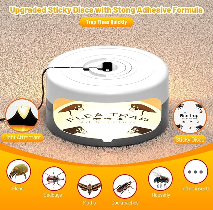 2 Pack Flea Traps for Inside Your Home with 8 Sticky Trap Refills & 4 Bulbs & 2 Electric Wires, Flea Killer Indoor Bed Bug Trap Pest Control, Non Toxic & Harmless, Friendly to Pets & Kids