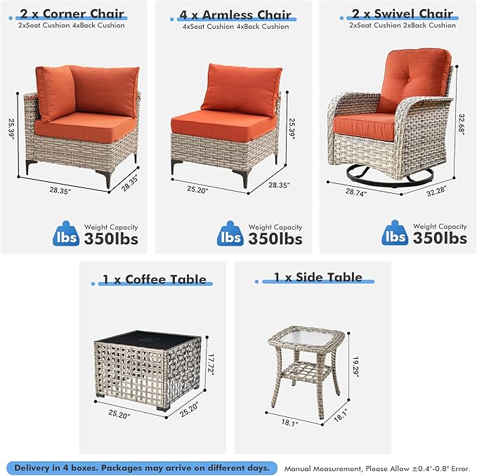 Outdoor Sectional Patio Furniture Set with Swivel Rocking Chairs,10 Pieces Wicker Conversation Sets L Shaped Couch Out Door Sofa Set Outside Furniture for Garden Deck Yard Porch,Orange