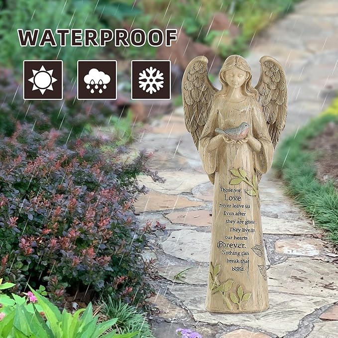 Garden Resin Angel Statue Holding with Bird, Patio and Lawn Decoration Outdoor Waterproof Sculpture Ornament for Angel Memorial Gifts Home Decoration, 10" H