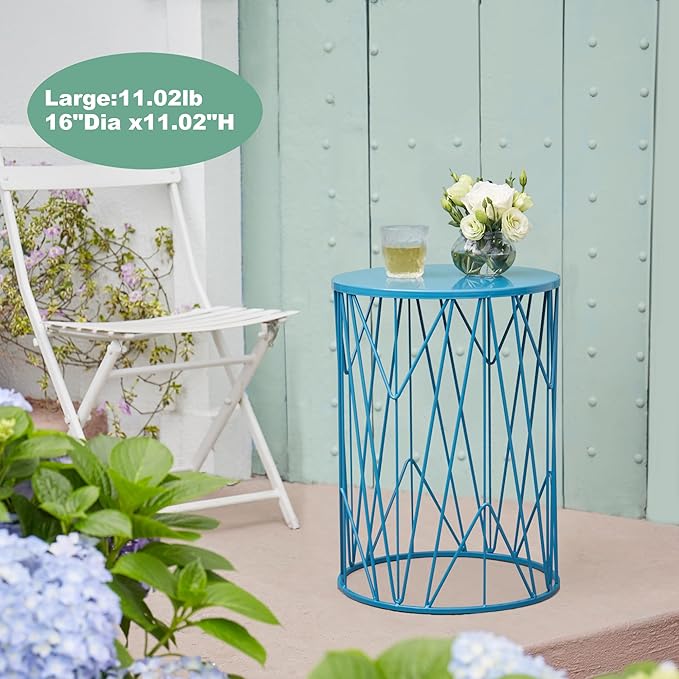 HFHOME Set of 3 Metal Side End Tables Nightstand, Nesting Round Coffee Table for Indoor Outdoor, Heavy Duty Metal Plant Stand Living Room Garden Stool - Blue