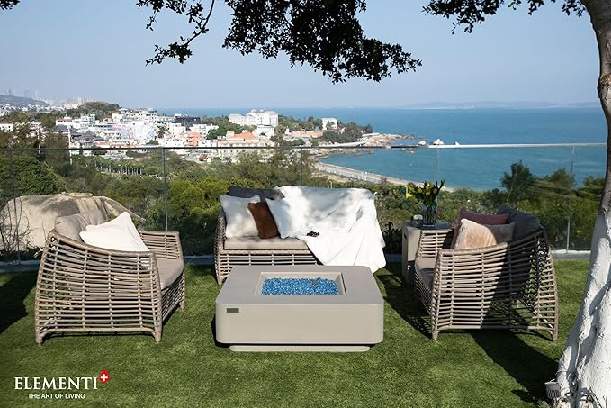 Elementi+ | Lucerne Gas Fire Pit Cast Concrete 42" Square Fire Table, Outdoor Fire Pit Electronic Ignition | Canvas Cover, Fire Glass and Burner Lid Included | Light Gray | Natural Gas