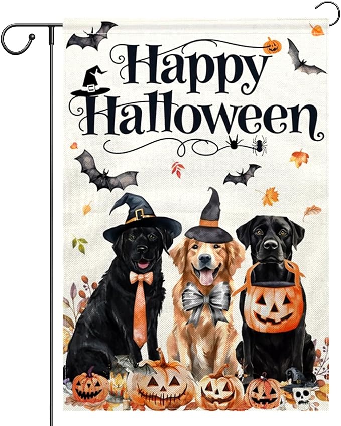 ChloropLastid Happy Halloween Dogs Garden Flag Double Sided for Outside 12x18 Inch Pumpkin Holiday Yard Decorations Burlap Outdoor Garden Flags