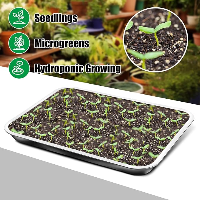 Stainless Metal Trays, Stainless Steel Seed Starter Carry Tray Fit 54 Cell Plug Tray, Nursery Seedling Pots Water Collection Transplantation (11.6 inch×15.2 inch, 1.45" Height, 10-Pack)