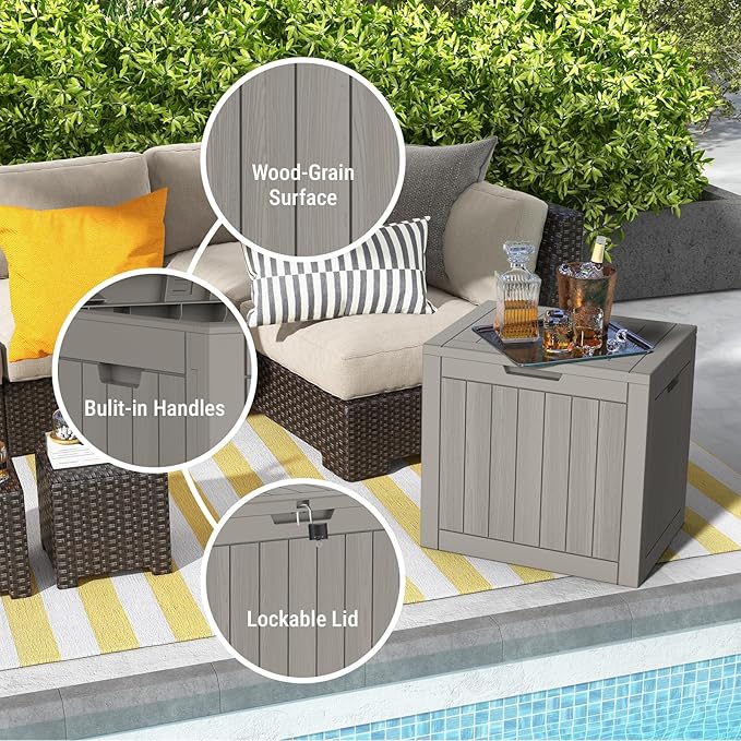 Mars Villa Deck Box, Waterproof Weatherproof and UV Resistant Resin Storage Bin with Lockable Lid, Ideal for, Outdoor, Patio Furniture Cushions, Pool Supplies, Garden Tools (31 Gallon, Grey)