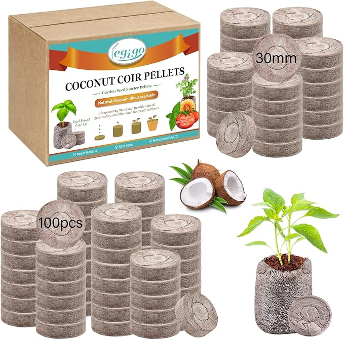 Legigo 100 PCS Coco Coir Seed Starter Pellets, 30mm Coconut Coir Soil Plugs for Seed Germination, Compressed Seed Plant Starter Soil Pods Plugs for Starting Seed Planting Herbs Flowers Vegetables