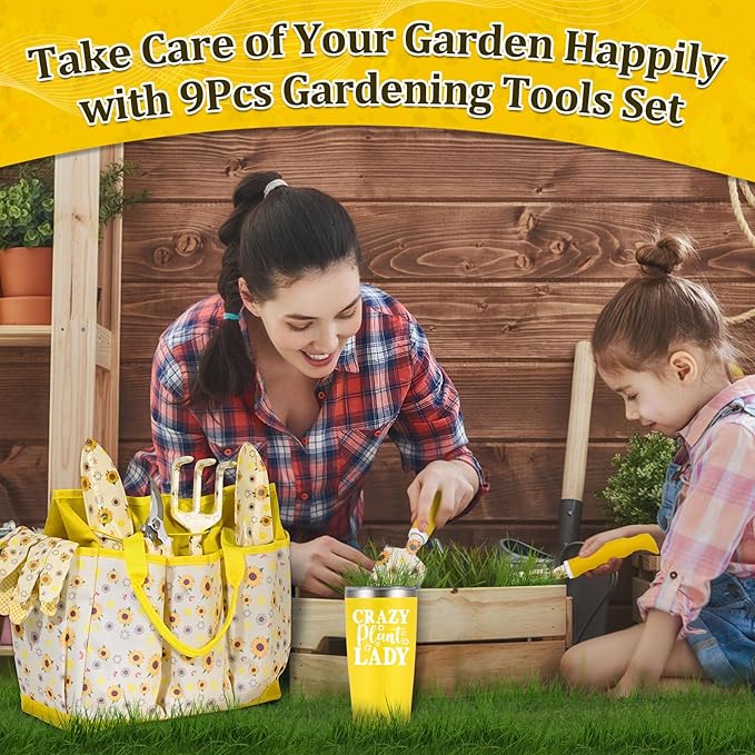 Gardening Gifts for Women, Gardening Tools for Women, 9 PCS Sunflower Garden Tools Set Kit with Garden Tool Bag, for Gardener Mom Grandma Aunt, Yellow