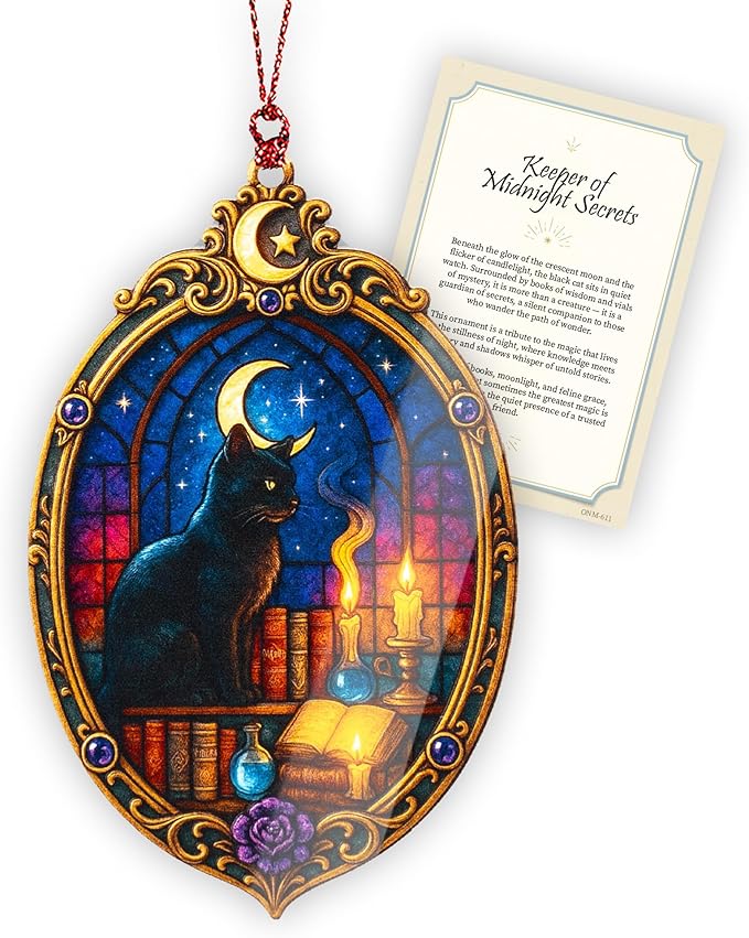 Mystic Black Cat Ornament – black cat – witch gifts – gothic decor – christmas ornament – Suncatcher effect window hanging – Car Hanging