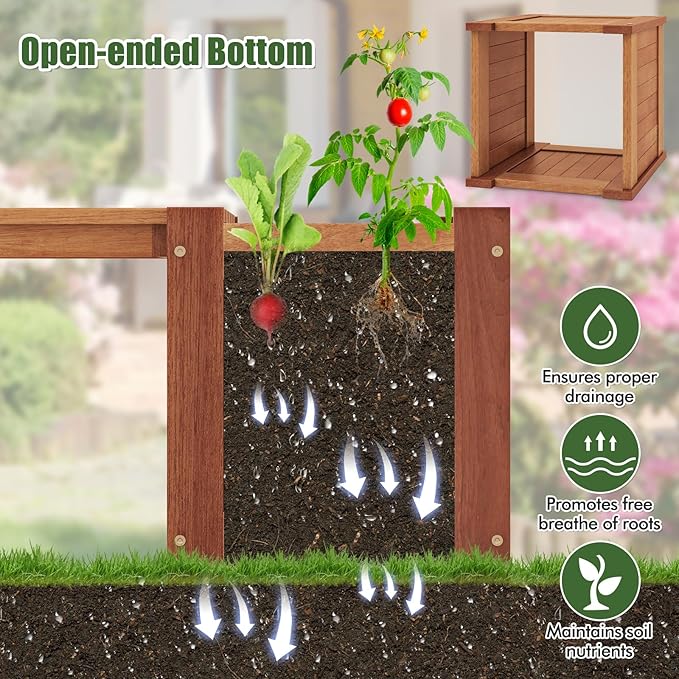 Giantex 2-in-1 Outdoor Bench with Raised Garden Bed, Wood Seat with Teak Oil Finish, Planter Box with Open-Ended Base, Garden Bench Seat for Porch Balcony Lawn Yard, DIY Assembly