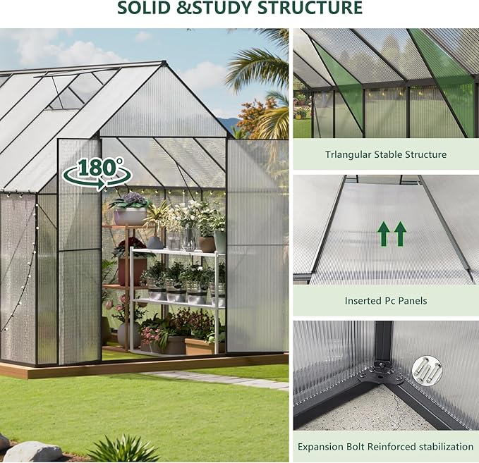 8x12 FT Green House for Outside, Greenhouse for Outdoor, Backyard Green House, Walk-in Garden Greenhouse, Heavy Duty Polycarbonate Greenhouses