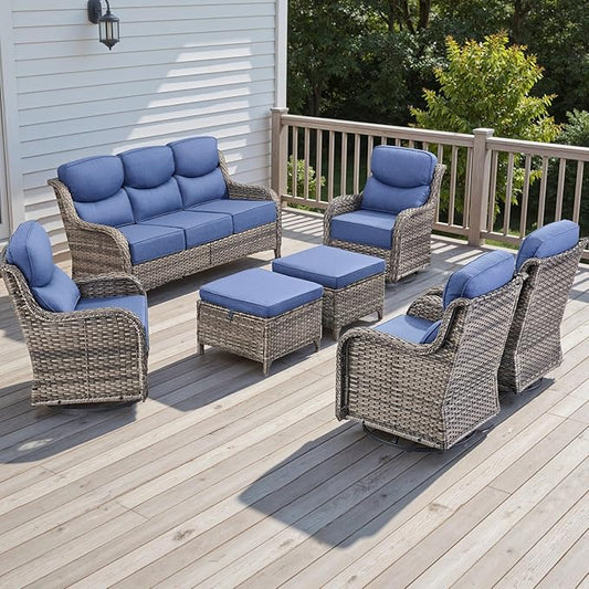 Wicker Outdoor Patio Furniture Set - 7 Piece Patio Conversation Sets with Swivel Rocker Chairs, Ottomans and Sofa, 6 inch Cushions, Waterproof Wicker, for Porch Deck Mixed Grey/Blue