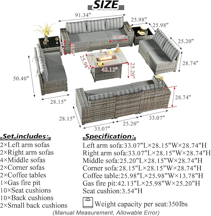 HOOOWOOO 13 Piece Modular Patio Outdoor Sectional Furniture Set with Gas Propane Fire Pit Table,Wicker Conversation Sofa Set,Out Door Couch Set with Wide Arm Outside(Grey Stripes)
