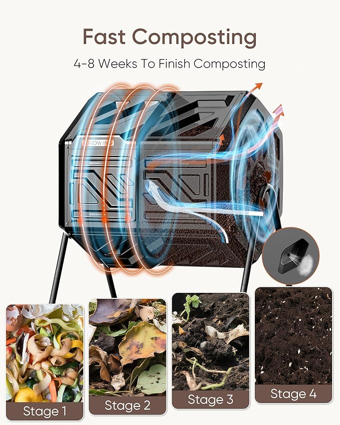 THEGROW'ING Updated 43 Gallon Compost Bin Outdoor, Fast Assemble Tumbling Composter, Dual Chamber Composter Tumbler, Rotating Compost Bin for Outside, Backyard, Garden and Yard, Black