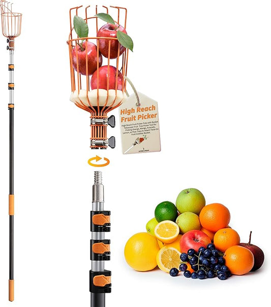 Fruit Picker Pole with Basket Telescoping 4-12 ft Apple Picker Extension Pole // Telescopic Fruit Tree Picker Tool for Picking Orange Mango Avocado Lemon Pear // The Ultimate High-Reach Fruit Grabber
