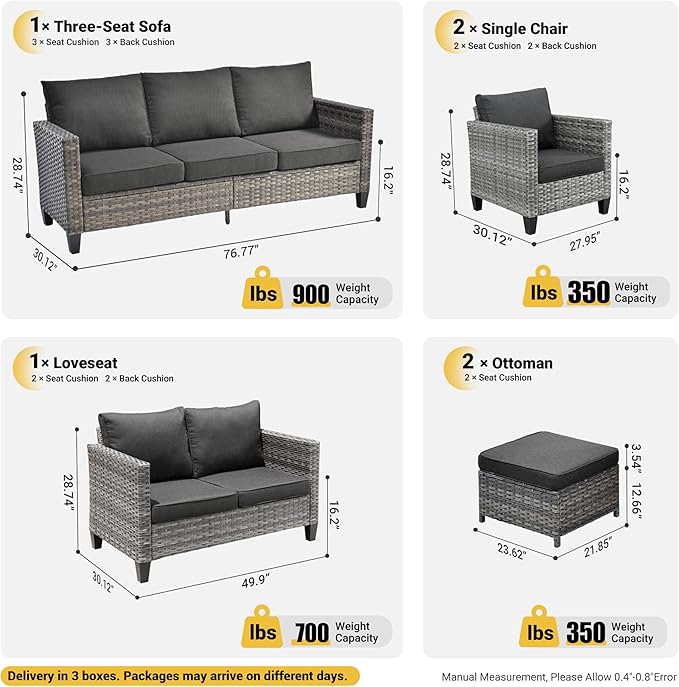 ovios Patio Furniture Set, 6 Pieces Outdoor Wicker Sofa Couch with Loveseat, Ottomans and Comfy Cushions, All Weather High Back Rattan Conversation Set, Black