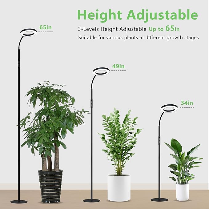 Grow Light for Indoor Plants, Full Spectrum Led Plant Growing Lights with Stand, Tall Halo Floor Growth Lamp with Timer, Height Adjustable, Dimmable Brightness for Large Plants