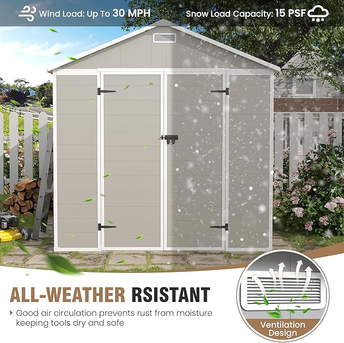Outdoor Storage Shed, 8x10 FT Resin Shed with Floor and Lockable Door, Window & Vents, Tool Sheds and Outdoor Storage for Bike, Tools, Garden Accessories, Waterproof Sandstone