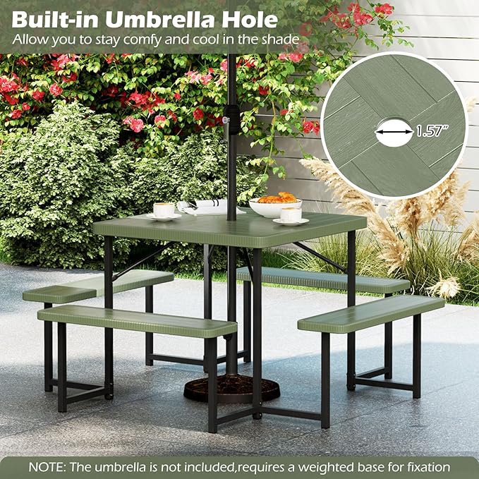 Tangkula 8 Person Picnic Table, HDPE Outdoor Square Table and Bench Set with 4 Built-in Benches, Umbrella Hole, Metal Frame for Garden Yard Patio Lawn