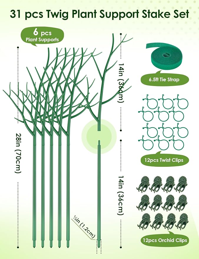 NiHome 28" Plant Support Stakes Set of 6 for Indoor & Outdoor Garden, Durable UV-Resistant Stakes with 12 Orchid Clips, 12 Circular Clips & 6 Ft Plant Tie for Climbing Plants, Vines & Shrubs (Green)