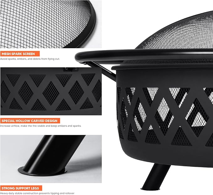 SUNCREAT 42” Patio Fire Pit Wood Burning with Mesh Spark Screen, Bonfire Outdoor firepit with Fireplace Poker, Black