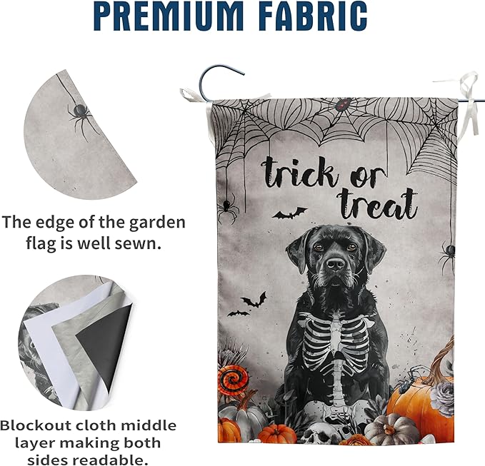 Halloween Black Lab Garden Flag Trick or Treat Yard Flag Ghost Labrador Dog Garden Flags for Outside 12x18 Double Sided Mini Skeleton Halloween Decor Outdoor Lawn Welcome Flag