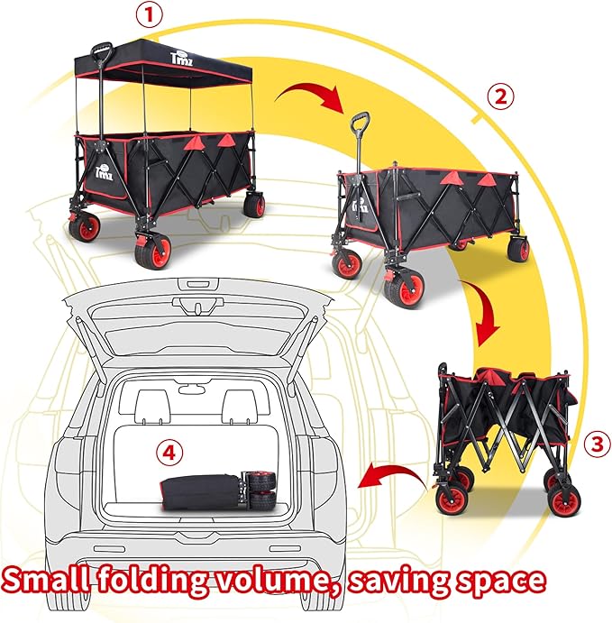 TMZ Collapsible Wagon 445L Heavy Duty Foldable Cart with All-Terrain Wheels, Canopy & Brakes - Extra Large Utility Wagon for Beach, Outdoor, Garden, Camping Portable Foldable Design (Black/Red)